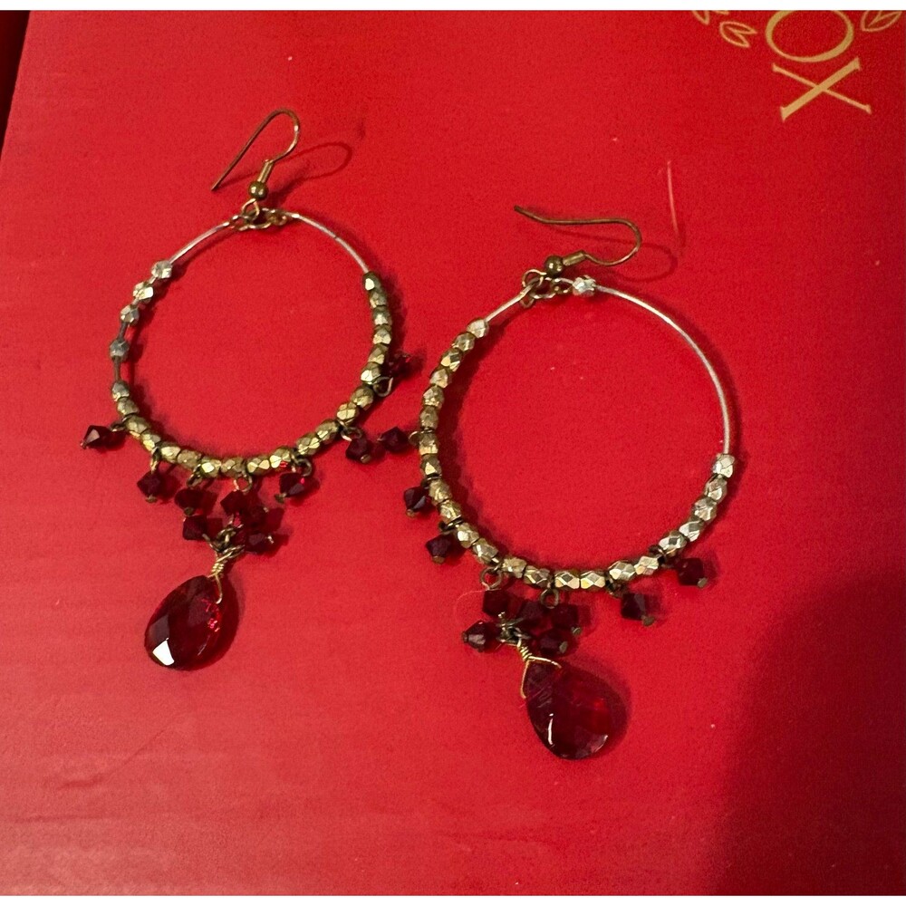 handmade bohemian-style gold-tone beaded hoop earrings featuring deep red cryst